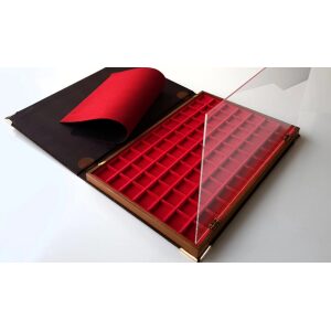 Libro astuccio grande con vassoio in velluto rosso a 77 caselle quadrate da 25 mm 2