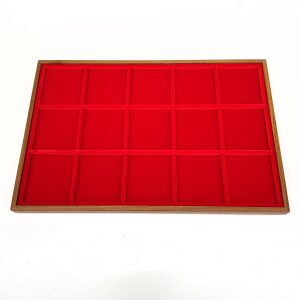 Vassoio per monete in legno e velluto rosso a 15 caselle quadrate da 59 mm 1