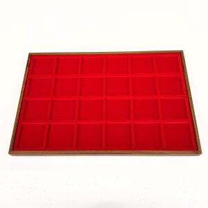 Vassoio per monete in legno e velluto rosso a 24 caselle quadrate da 47 mm 1