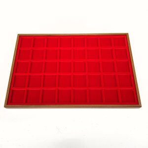 Vassoio per monete in legno e velluto rosso a 40 caselle quadrate da 35 mm 1