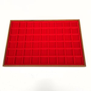 Vassoio per monete in legno e velluto rosso a 54 caselle quadrate da 30 mm 1