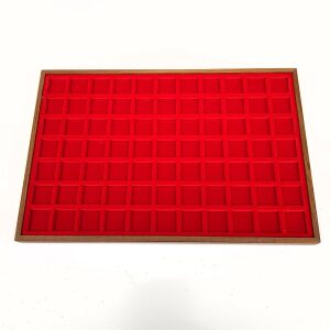 Vassoio per monete in legno e velluto rosso a 77 caselle quadrate da 25 mm 1