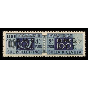 1947 48 VARIETA Pacchi Postali Corno di posta 100 L. dent. 13 ¼ soprastampato su due righe 12 v. Trieste A