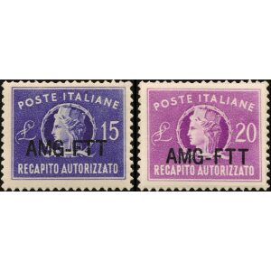 1949 52 Recapito Autorizzato Italia Turrita formato ridotto 15 L. e 20 L. soprastampato su una riga 2 v. Trieste A