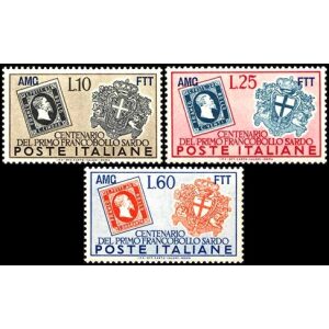 1951 100° dei primi francobolli sardi 3 v. Trieste A