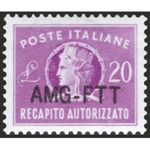 1954 Recapito Autorizzato Italia Turrita formato ridotto 20 L. con trattino corto soprastampato su una riga 1 v. Trieste A