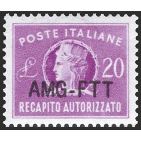 1954 Recapito Autorizzato Italia Turrita formato ridotto 20 L. con trattino corto soprastampato su una riga 1 v. Trieste A